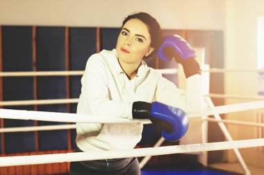 Mavi eldiven ringde poz güzel boks kız portresi. Eğitim salonunda. Sportif erkek boks egzersiz yaparak.