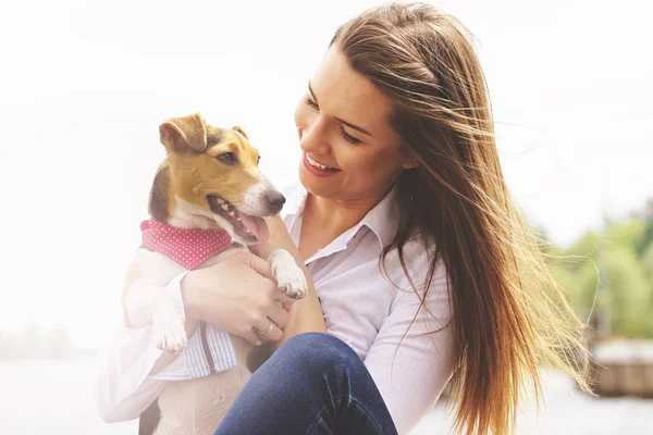 Ben ve benim güzel evde beslenen hayvan. Köpeğe bakıyor ve iskelede oturup onun ellerinde köpek tutarken gülümseyen rahat kıyafet genç çekici kadın portresi.