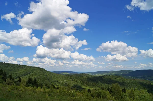 Panoramatický Výhled Karpatské Hory Pokryté Zeleným Lesem Pod Modrou Oblohou — Stock fotografie