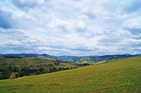 Panoramautsikt Över Karpaterna Täckt Grön Skog Blå Himmel Och Vita — Stockfoto