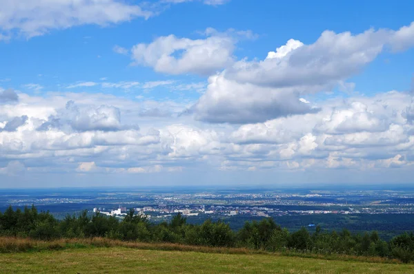 Panoramatický Výhled Karpatské Hory Pokryté Zeleným Lesem Pod Modrou Oblohou — Stock fotografie