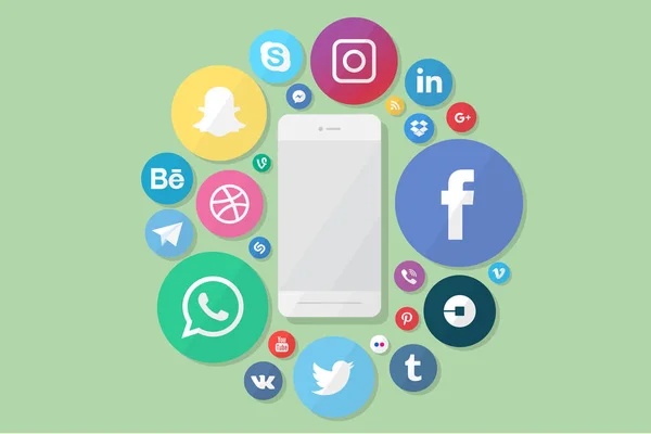 Phone with social media logos — Stock Vector