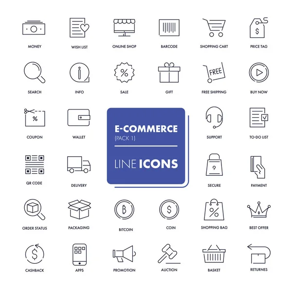 Juego de iconos de línea. Comercio electrónico — Vector de stock