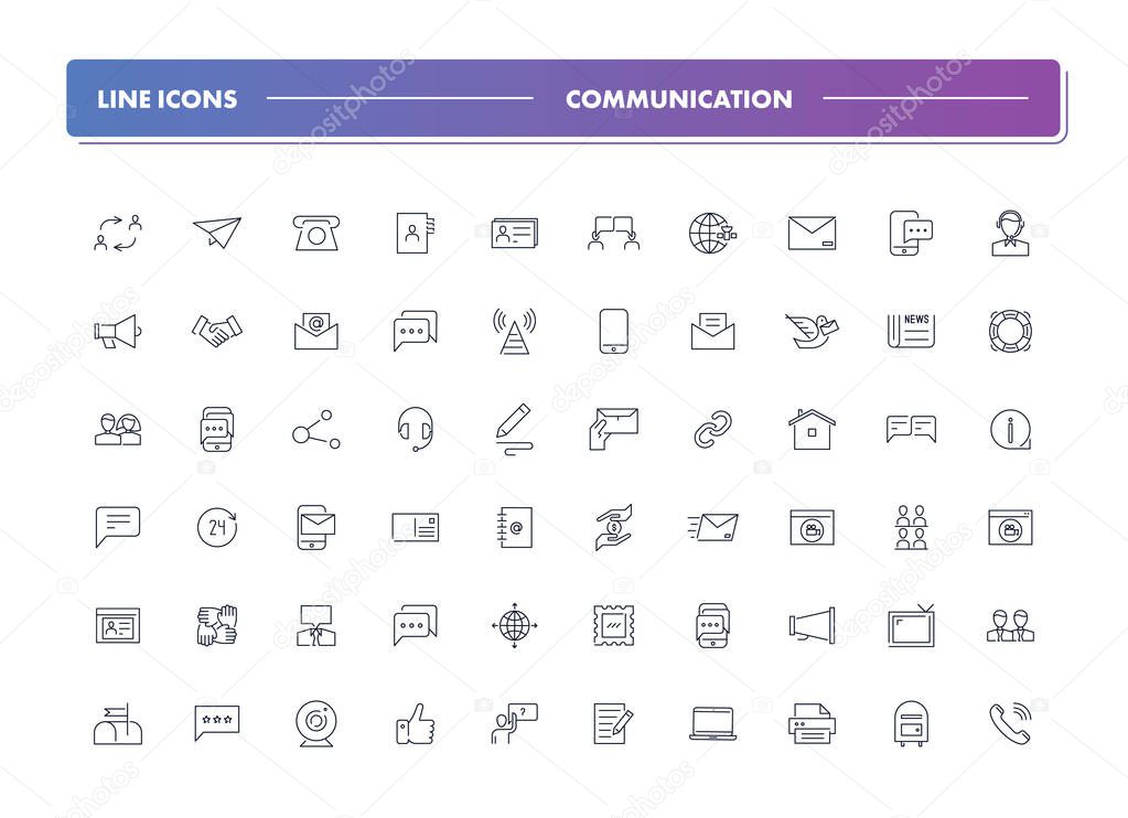 Set of 60 line icons. Communication 