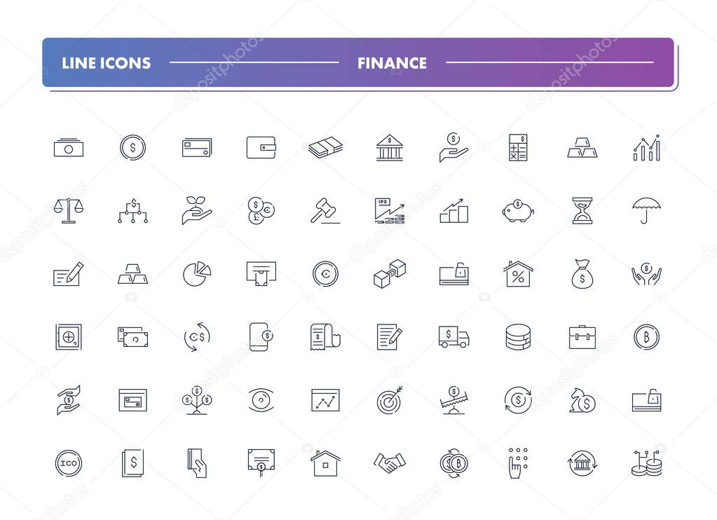 Set of 60 line icons. Finance