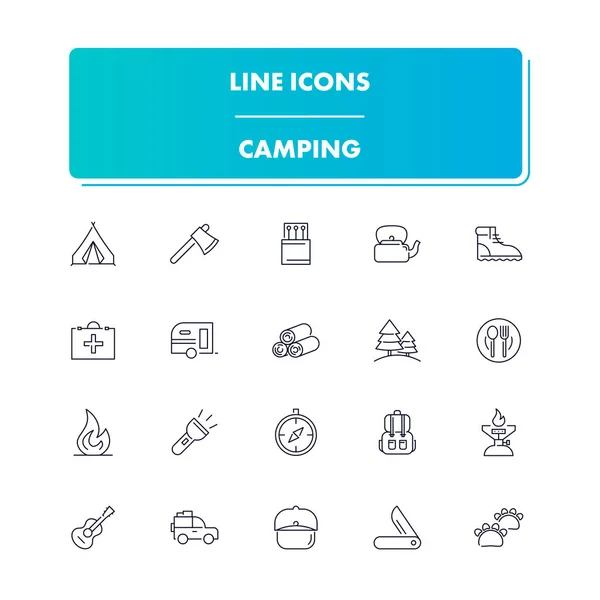 Juego de iconos de línea. Camping — Vector de stock