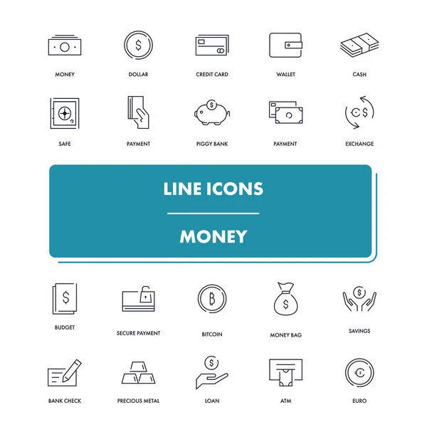 Juego de iconos de línea. Dinero — Vector de stock