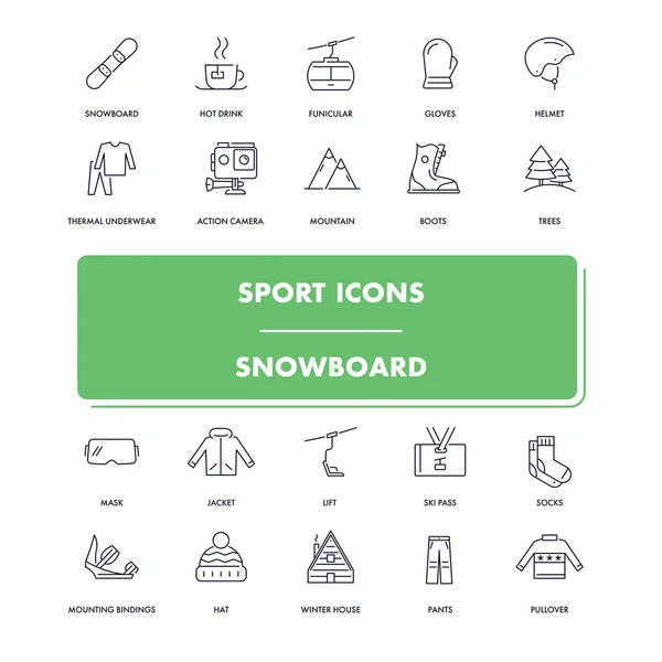 Linea icone dello sport set. Snowboard — Vettoriale Stock