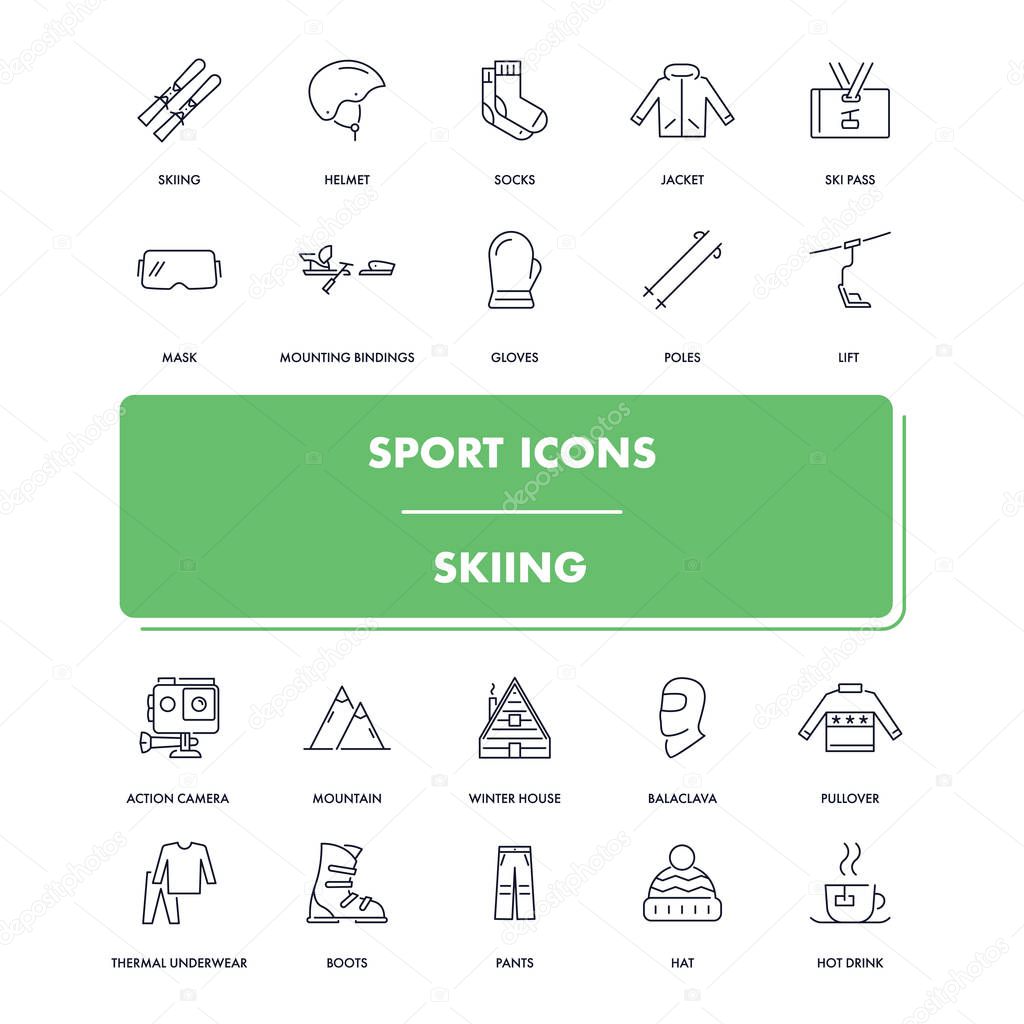 Line sport icons set. Skiing 