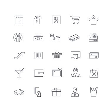  Satır simgeleri ayarlandı. Alışveriş merkezi paketi. Vektör illüstrasyonu