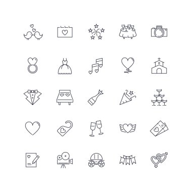 Satır simgeler kümesi. Düğün paketi. Vektör çizim