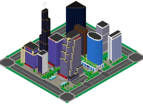 Centro de negocios. Edificio. Rascacielos. Apartamentos. Isométrico. 3D . — Archivo Imágenes Vectoriales