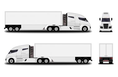 fütüristik elektrik kamyon. Önden Görünüm; yan görünümü; Arkadan Görünüm.