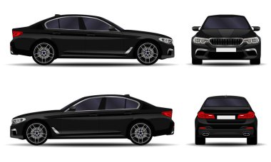 Gerçekçi bir araba. Sedan. ön görünüm; yan görünüm; arka görünüm.