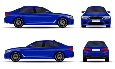 Gerçekçi bir araba. Sedan. ön görünüm; yan görünüm; arka görünüm.