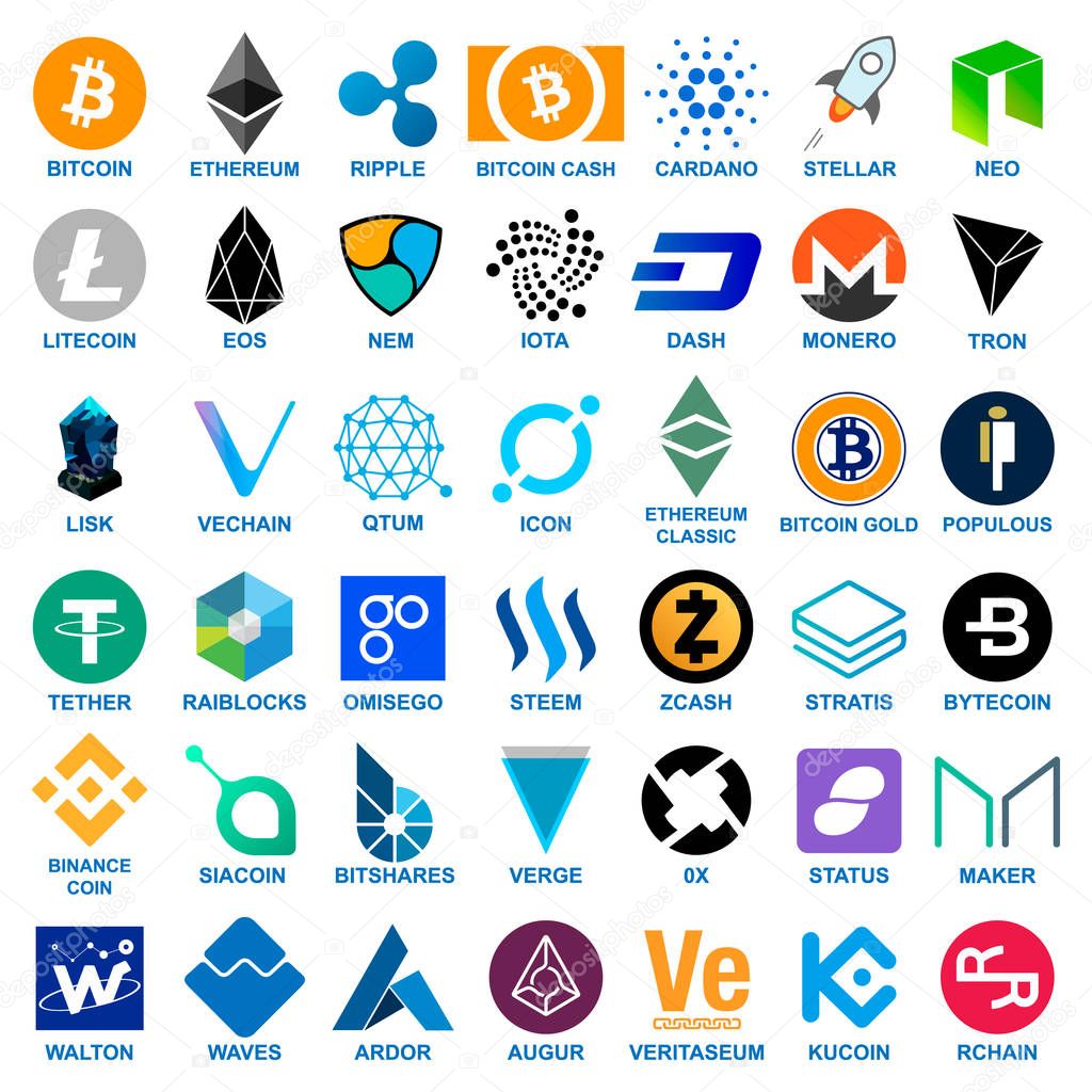 Cryptocurrency coins logo set.