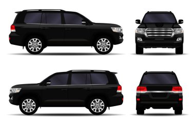 Gerçekçi bir SUV arabası. Ön görünüm; yan görünüm; arka görünüm.