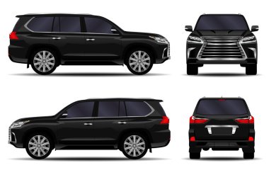 Gerçekçi bir SUV arabası. Ön görünüm; yan görünüm; arka görünüm.