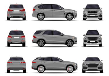 Gerçekçi SUV seti. Ön görünüm; yan görünüm; arka görünüm.