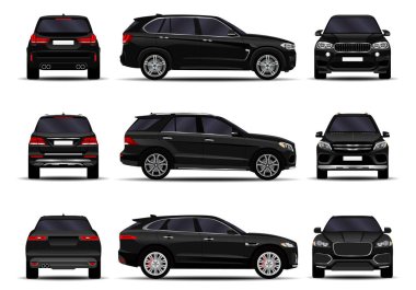 Gerçekçi SUV seti. Ön görünüm; yan görünüm; arka görünüm.