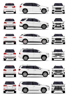 Gerçekçi SUV seti. Ön görünüm; yan görünüm; arka görünüm.