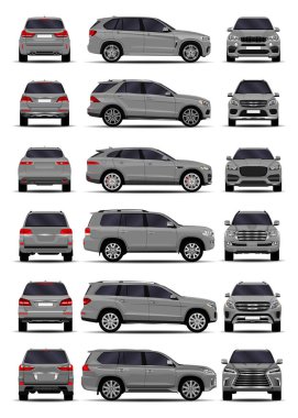 Gerçekçi SUV seti. Ön görünüm; yan görünüm; arka görünüm.