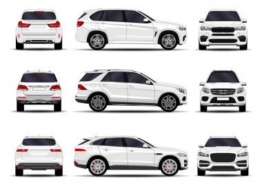 Gerçekçi SUV seti. Ön görünüm; yan görünüm; arka görünüm.