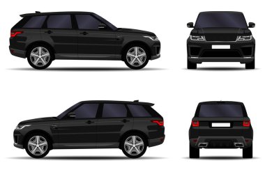 Gerçekçi bir SUV arabası. Ön görünüm; yan görünüm; arka görünüm.