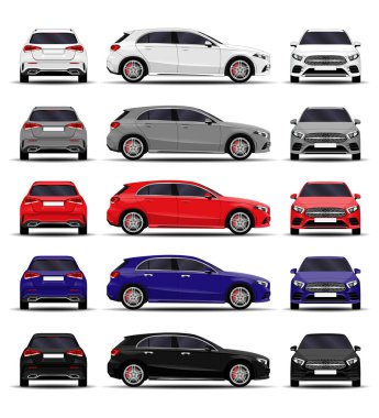 gerçekçi arabası seti. hatchback. Önden Görünüm, yan görünüm, arkadan görünüm.