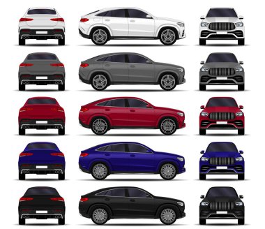 gerçekçi Suv araç. Araba ayarlayın. Önden Görünüm; yan görünümü; Arkadan Görünüm.