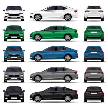 Gerçekçi arabalar hazır. Sedan. yan görünüm, ön görünüm, arka görünüm.