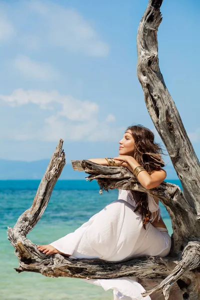 Attractive young boho woman on beach — Stock Photo, Image