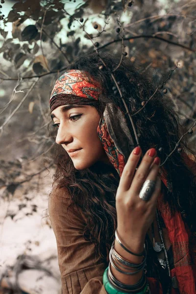 Beautiful young gypsy style woman outdoors portrait — Stock Photo, Image
