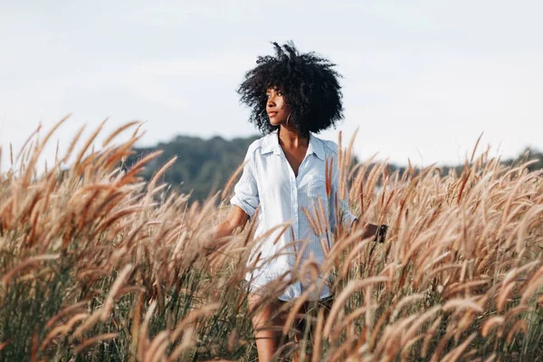 Vrolijke Afrikaanse Amerikaanse jonge vrouw op het veld bij zonsondergang — Stockfoto