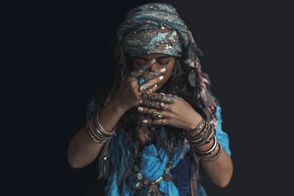 Gypsy style young woman wearing tribal jewellery portrait — Stock Photo, Image