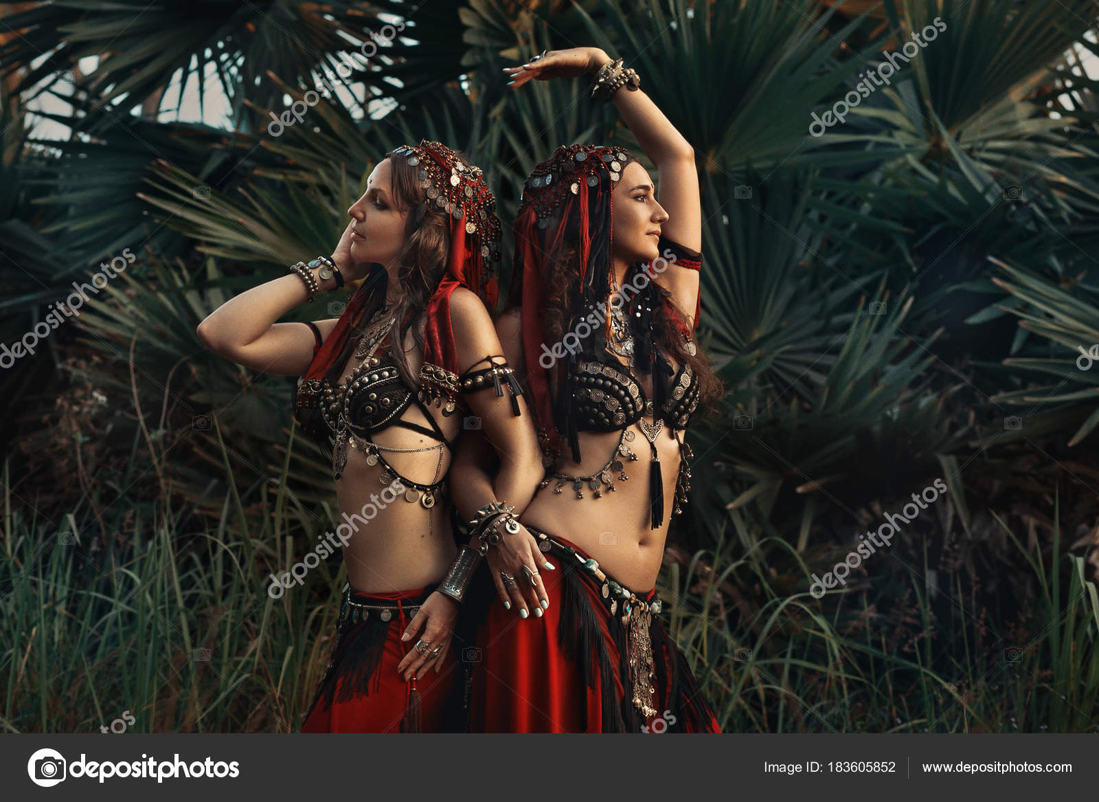 Two beautiful tribal fusion belly dancers in costumes outdoors a