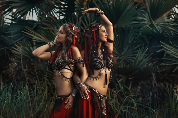 Dos bellas bailarinas de vientre de fusión tribal en trajes al aire libre a —  Fotos de Stock