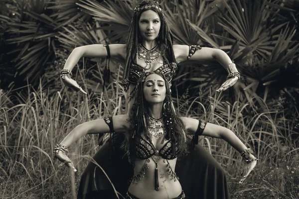Dois belos dançarinos de barriga fusão tribal ao ar livre — Fotografia de Stock