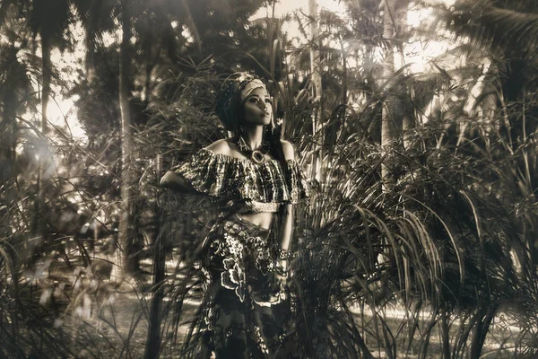 Bela jovem mulher elegante em fundo tropical . — Fotografia de Stock