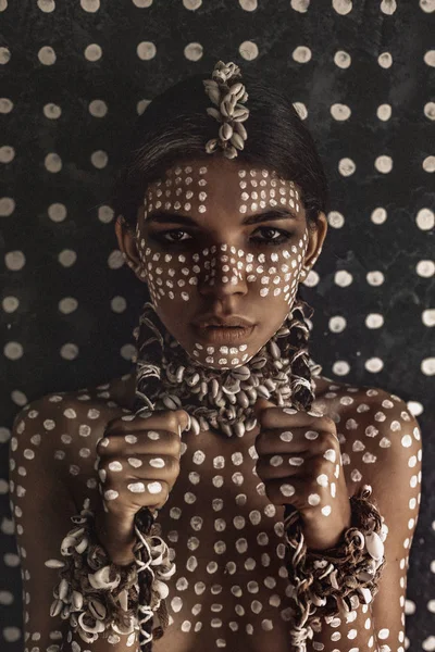 Closeup Portrait Beautiful Young Female Model Painted Dots Skin — Stock Photo, Image