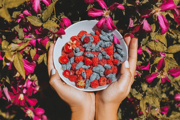 Abgeschnittenes Bild Von Händen Die Teller Mit Frischen Beeren Halten — Stockfoto