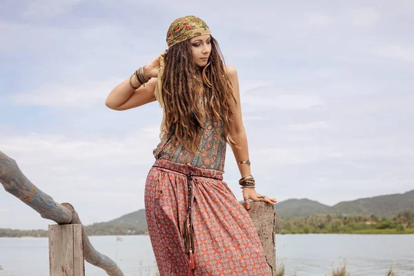 Attractive Gypsy Style Young Woman Posing Outdoors — 스톡 사진