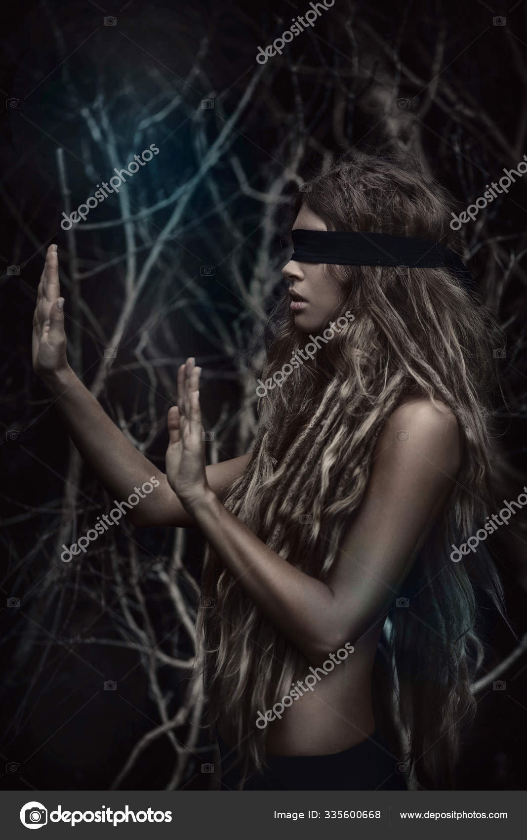 Young Beautiful Blindfolded Woman Dark Spooky Forest Stock Photo by  ©Zolotareva123 335600668