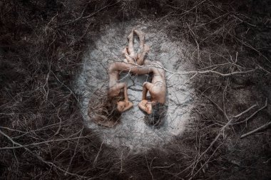 Güzel çıplak adam ve kadın fetüs içinde kuru çatlak zeminde yatıyor.