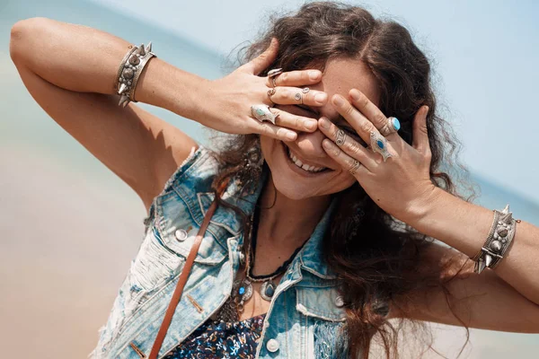 Beautiful Boho Style Woman Posing Camera — 스톡 사진