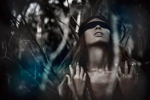 Young Beautiful Blindfolded Woman Dark Spooky Forest — 스톡 사진