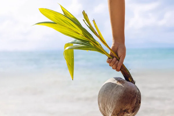 Vrouw Met Kokosnoot Palm Boom Het Strand — Stockfoto