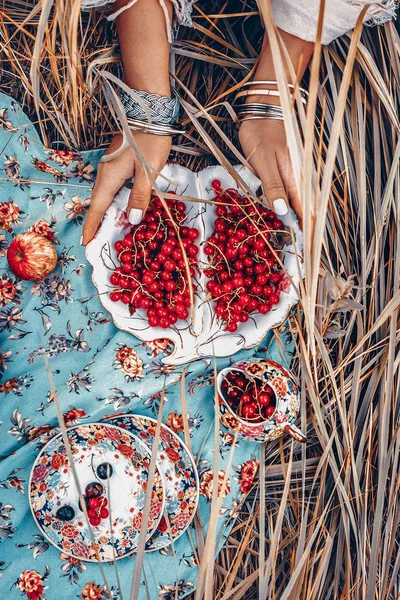 Abgeschnittenes Bild Einer Frau Die Teller Mit Beeren Über Gras — Stockfoto