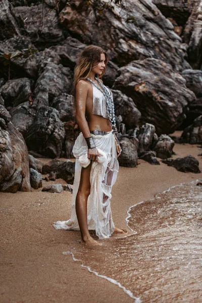 Beautiful Young Boho Stylish Woman Beach — Stock Photo, Image