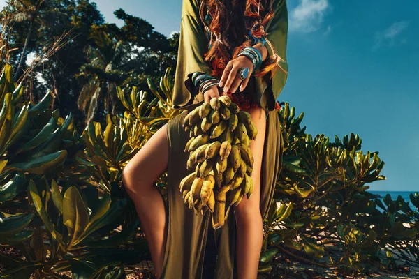 Close Woman Hands Boho Accessories Holding Bunch Bananas — ストック写真